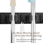 OUTNILI Black Mop Broom Holder Wall Mount with 3 Slots & 4 Hooks - Wood Broom Mop Hanger for Pantry Kitchen Organization - Garden Tool Organizer for Closet Laundry Room