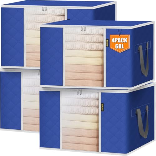 BALEINE 4 Pack Clothes Storage Bags, 16 Gallon Storage Containers with Reinforced Handle, Sturdy Zipper, Closet Organizer for Blanket, Comforter, Pillow, Bedding (Blue, 4 Pack) - color: Blue, size: 4 Pack-16 Gallon