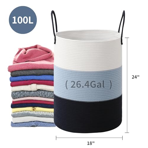 Laundry Basket Hamper Tall Rope Storage Woven for Blanket toys Dirty Clothes in Living Room Bathroom Bedroom (Gradient Blue, 100L/26.4Gal) - color: Gradient Blue, size: 100L/26.4Gal