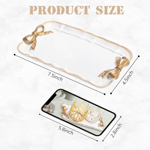 Warmtree Vintage Jewelry Organizer, Decorative Tray for Jewelry, Towel, Storage, Rings, Bracelets, Earrings, Cosmetics, Retro Design, Bow Decor Resin Plate Coquette for Room Decor, White - color: White