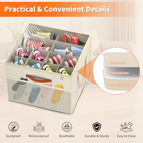 Aokeyee 2 Pack Shoe Organizer for Closet, Foldable Shoe Storage Organizer Box w/Clear Cover and Reinforced Handles, Space Saving Shoes Bin Fits up to 32 Pairs, Beige - color: Beige, size: Fits up to 32 Pairs