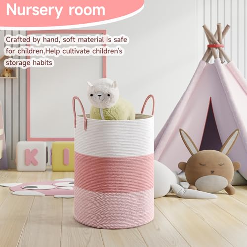 CLHMILY&Z 100L Laundry Basket Round Storage Rope Basket - 18.1x24 Inches - Pink Hamper in Bedreoom and Cute Storage Bin for Blankets, Toys, and Nursery Essentials - color: Pink & White, size: 100L