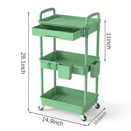 3 Tier Rolling Utility Cart with Drawer, Plastic Storage Organizer Rolling Carts with Wheels Handles Hanging Cups Hooks for Office, Bathroom, Kitchen,Craft Art Room (Green) - color: Green, size: 3-Tier