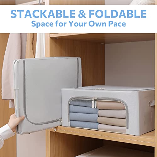 CYhom 3Pack Frame Storage Box - Clothes Storage Bin Bags Oxford Fabric Foldable Stackable Container Organizer Set with Clear Window & Carry Handles (Grey, Medium-44L) - color: Grey, size: Medium-44L