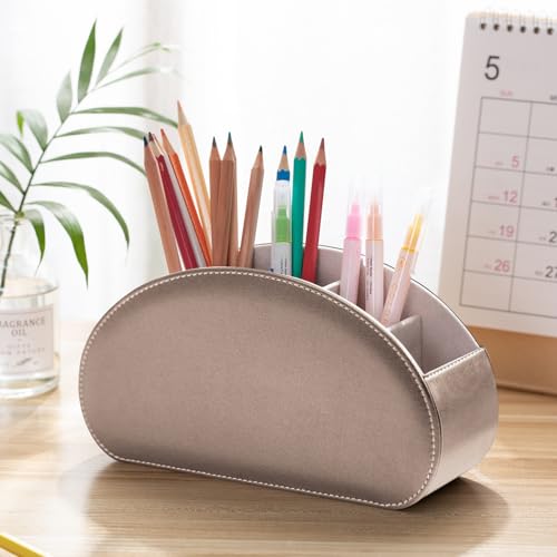 Remote Control Holders Organizer Box with 5 Compartment PU Leather Multi-functional Office Desk Storage Caddy Store Tv Remote for Media Player,Brush,Pencil,Glassees&Office Supplies (Champagne silver) - color: Champagne silver, size: S