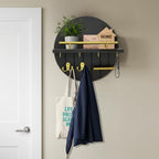 OurWarm Key Holder Wall Mount, 11.8 Inch Black Decorative Key and Mail Holder Organizer with 8 Key Hooks, Round Wooden Key Rack Key Hanger with Shelf for Wall Entryway Boho Home Decor