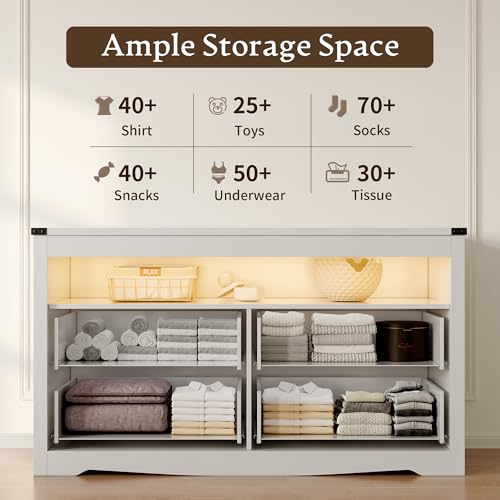 Dresser for Bedroom with 4 Drawers, Farmhouse Chest of Drawers with Natural Texture and LED Lights, Wide Wood Rustic Closet Storage Organizer, Modern Dresser TV Stand for Living Room, Entryway, White - color: White, size: 13.8"D x 47.2"W x 29.5"H (4 Drawe