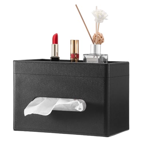 Sumnacon Tissue Box Cover with Storage Tray, Decorative Rectangular Tissue Holder PU Leather Facial Tissues Organizer Stylish Modern Tissue Dispenser for Bathroom Toilet Tank Vanity Dresser Table - color: Black