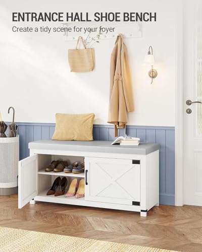 Hzuaneri Shoe Storage Bench, 2 Tier Shoe Bench with Padded Seat Cushion & 2 Barn Doors, Entryway Bench with Adjustable Shelf, Farmhouse Shoe Cabinet for Living Room, Bedroom, White SB26603GY - color: White, size: 39.4"W