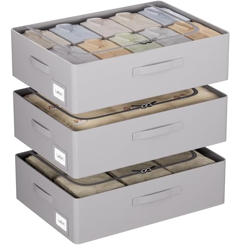 CYhom 3Pcs Under Bed Storage Bins with Metal Frame - Shoe Organizer for Closet with Clear Cover Oxford Fabric Sturdy Underbed Container Foldable Stackable Clothes Organizer (Grey, 23.5x19.7x6.3) - color: Grey, size: 23.5x19.7x6.3