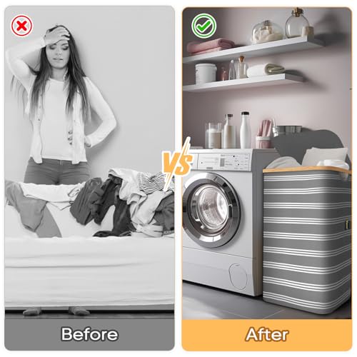 BALEINE Laundry Hamper with Lid, Tall Laundry Baskets with Bamboo Pull Handles, Large Laundry Bin with Internal Support (18 Gal/70L, Grey Pinstripe) - color: Grey Pinstripe, size: 70 liters