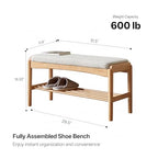 Solid Wood Shoe Bench Assembled, Shoe Rack Bench with Cushion for Entryway, Living Room, Bedroom, Hallway, 11.8" x 31.5" x 16.5", Natural - color: Natural + Light Gray, size: 31.5"