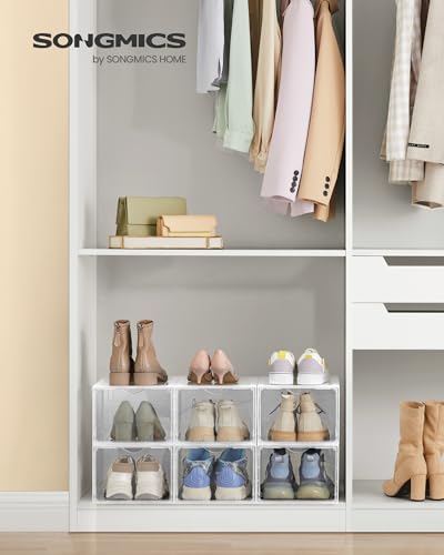 SONGMICS Shoe Boxes, Set of 6, Clear Plastic Shoe Storage, Stackable Sneaker Box, Drop Front Door, Up to US Size 11, Easy Assembly, 13 x 9.8 x 7.1 Inches, Transparent White ULSP032W06 - color: Transparent White, size: 6 Count