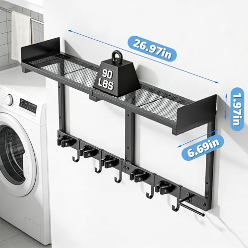 HUFAND Broom Holder Wall Mount, 27" Large Mop and Broom Organizer Wall Hanging with Top Storage Shelf & Vacuum Hook, Heavy Duty Iron Utility Rack for Laundry Room, Garage, Kitchen, Garden - Black - size: Large