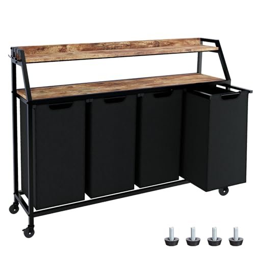 Timberer Laundry Hamper, Laundry Sorter with 4 Section, Rolling Basket with Wheels, 2 Shelves, 4 14.5 Gal, Pull-Out and Removable Oxford Fabric Bags for Laundry Room, Black and Rustic Brown - color: Black + Rustic Brown, size: 4 Bags (54.3"L x 12.9"W x 41