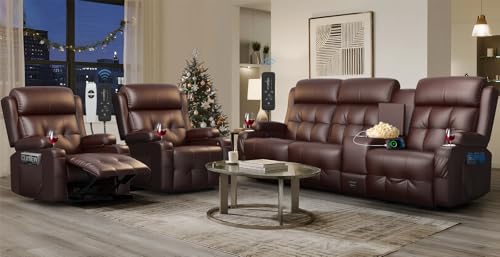 Recliner Sofa Set, Wall Hugger Couch with 3 Seater Recliner & 2 Single Chairs, Home Theater Recliners Sofa Set with USB, Cup Holders & Storage Console, Movie Theater Seats Couches for Living Room - color: Brown, size: 3-Seater + 2 Chairs
