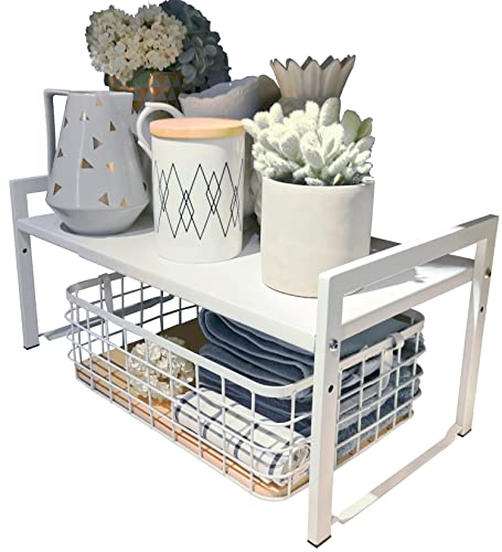 Expandable Cabinet Shelf Organizer 16-26" L Stackable Kitchen Counter Shelf Rack Stand Sink Riser Countertop Storage White (Wide 10.6”D) - color: White, size: 10.6"D (wide) - 1 Pack