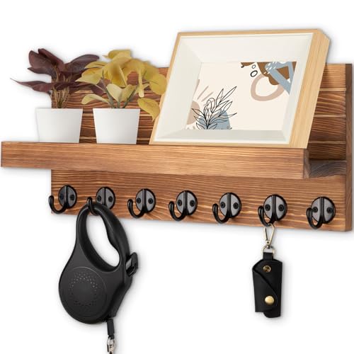 Lwenki Key Holder Wall Mount, Entryway Key and Mail Holder with 7 Sturdy Hooks for Sunglasses, Dog Leash, Decorative Wall Shelf with Mounting Hardware, 15”W x 6.7”H x 4.2”D - color: Burnt Wood
