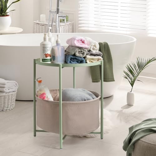 danpinera Round Side Table with Fabric Storage Basket, Metal Side Table Small Bedside Nightstand with Removable Tray Top for Living Room, Bedroom, Nursery, Laundry, Light Green - color: Light Green