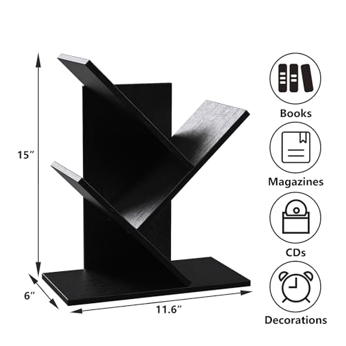R RUISHENG 3 Tier Small Tree Bookshelf Storage Organizer Shelves Floor Standing Bookcase Desk Wood Storage Rack for Home Office Living Room Bedroom Display for Book Magazine CD Manga Black - color: Black