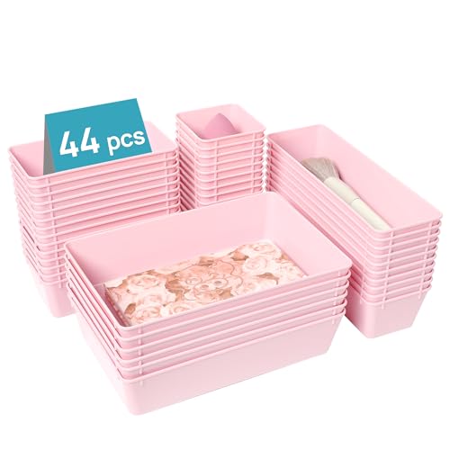 Vtopmart 44 PCS Plastic Drawer Organizers Set, 4-Size Versatile Bathroom and Vanity Organizer Trays, Non-Slip Storage Containers for Makeup, Jewelries, Bedroom，Kitchen Utensils and Office, Pink - color: Pink