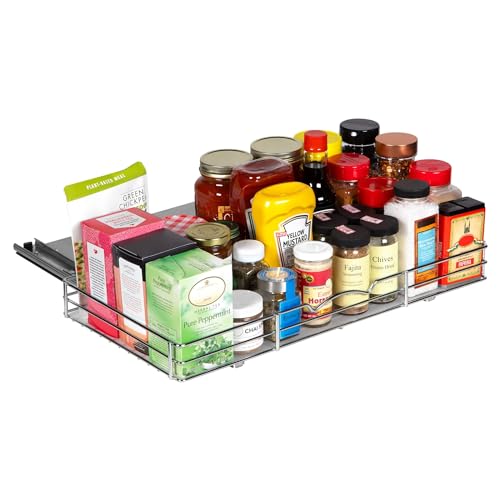 Pull-Out Cabinet Spice Rack Organizer - Slim Slide-Out Storage for Spices, Bottles & Jars, Premium Heavy-Duty Steel, Easy Install for Narrow Kitchen Cabinets - 20 ⅜ W x 10 ½ D x 2 ¾ H, Chrome - size: 20 Inch - Single