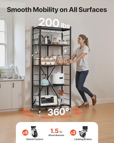 VEVOR 5-Tier Foldable Storage Shelf, 28W x 13D x 66H Inch Folding Metal Rack Shelving Unit, No Assembly Organizer Shelf with 5 Wheels & 4 Hooks for Pantry, Kitchen, Garage, Basement, Black - color: Black, size: 5-Tier