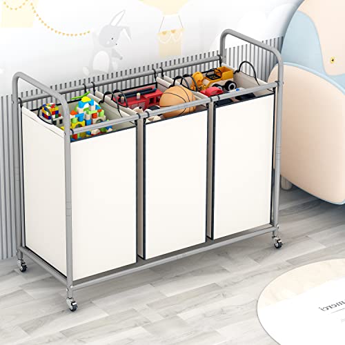 LINZINAR 3-Bag Laundry Sorter,Laundry Hamper Cart with Heavy Duty Rolling Lockable Wheels and Removable Bags (Beige) - size: 3 Bags Beige