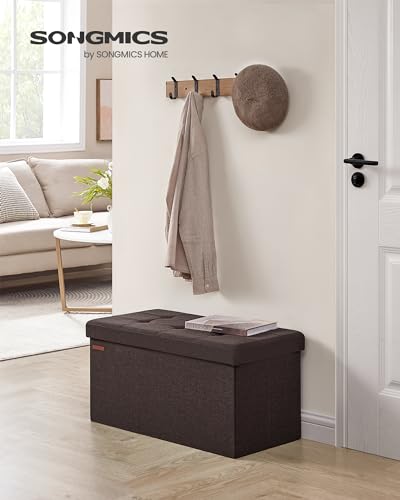 SONGMICS Mazie Collection - 30 Inches Folding Storage Ottoman Bench, Ottoman Foot Rest, End of Bed Bench, Storage Chest, Load 660 lb, for Living Room, Bedroom, Entryway, Brown ULSF047K02 - color: Brown, size: 15"D x 30"W x 15"H