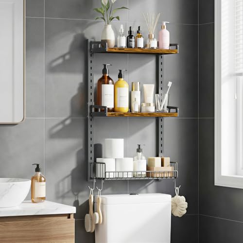 Kalrin 3 Tier Bathroom Shelves Over Toilet - Wall Mounted Floating Shelves with Drain Basket, Toilet Paper Storage, Height Adjustable Over The Toilet Storage, Vintage Brown - color: Brown