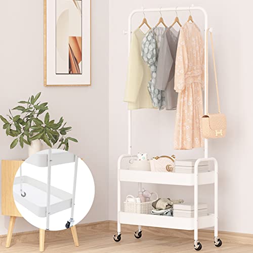2-Tiers Clothes Rack Freestanding Clothing Garment Rack with Metal Basket Rolling Storage Clothes Shelves Portable Organizer Coat Rack for Entryway Home Bedroom Laundry Small Place (White) - color: White