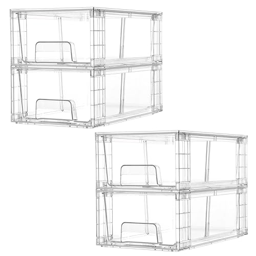 Vtopmart 4 Pack Stackable Storage Drawers,Clear Acrylic Drawer Organizers with Handles, Easily Assemble for Fridge, Bathroom,Kitchen Undersink,Cabinet,Pantry Organization and Storage - size: 4Pack 4.4"H-with Dividers
