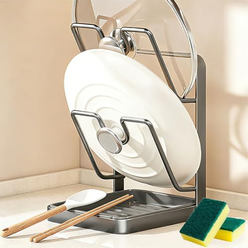 GDSAFS Kitchen Pot Lid Storage Rack, Pot Lid Holder With Tray, Lid Holder While Cooking, Lid And Spoon Rest, Multifunctional Kitchen Organizer Stand for Stove Top (Gray, Double-layer) - color: Gray, size: Double-layer