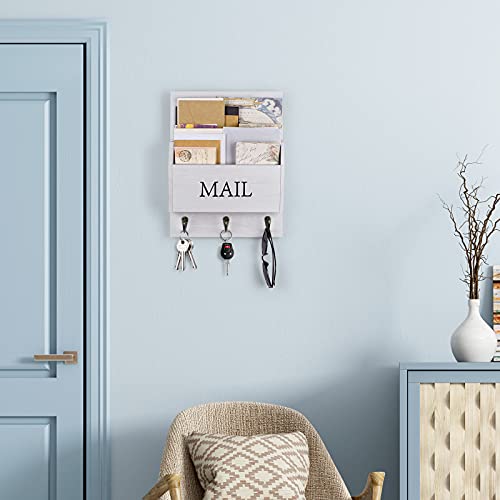 DLQuarts Mail Organizer with Key Holder for Wall Decorative Mail Sorter Wall Mounted, Wooden Mail Holder with 3 Hooks, White - color: White