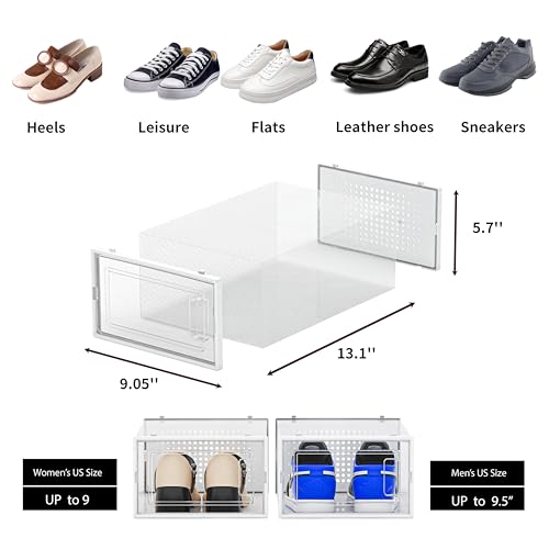 12 Pack Shoe Organizer Storage Bins, Clear Plastic Stackable Shoe Boxes for Closet, Space Saving Foldable Shoe Storage Bins, Sneaker Storage Shoe Box Container, White Frame