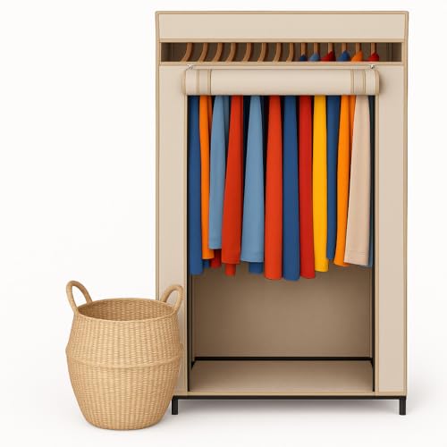 HOLDN’ STORAGE Portable Wardrobe Closet - 50 lb Capacity, Internal Heavy Duty Metal Rod, Zipper & Clear Window, Durable Clothes Organizer, Tool-Free Easy Assembly, Beige Canvas Cover - color: Beige, size: Medium