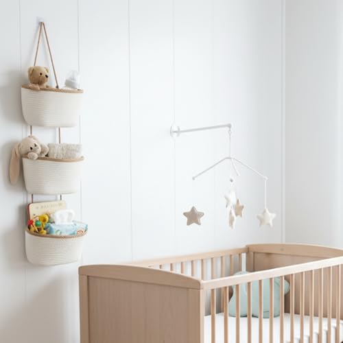 TeoKJ Over the Door Hanging Basket, 3-Tier Woven Cotton Wall-Mounted Storage Organizer Bag Decorative Hanging Nursery Baskets, White & Dark Brown - color: White & Dark Brown