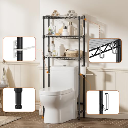 Golpart 3-Tier Over The Toilet Storage Shelf,Heavy Duty Adjustable Metal Bathroom Rack with Toilet Paper Holder & Hooks,Space-Saving Organizer for Bathroom,10”D x 24”W x 66”H,Black - size: Black-3-Tier-10"D x 24"W x 66"H