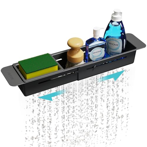 NiHome Extendable Over Sink Kitchen Organizer, Small Telescopic Brush Storage Rack for Sponge, Non-Slip Pads Expandable Sink Caddy, Adjustable Sponge/Brush Rack with Drainage Durable ABS (Black) - color: Black 1, size: Standard