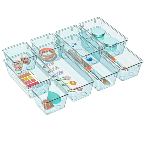 WOWBOX 9 Pack Clear Drawer Organizer Set, Acrylic Drawer Storage Trays, Storage Bins for Makeup, Cosmetics, Jewelries, Utensils, Gadgets, Office, Sea Blue - color: Sea Blue, size: 9 PCS