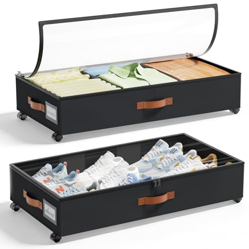 LAMU Under Bed Storage with Wheels, 2 Pack Under Bed Storage Containers with Clear Lids & Label, Rolling Under Bed Drawers for Clothes, Shoes, Blankets, Black - color: Black