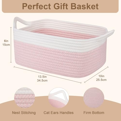 OIAHOMY Woven Basket, Gift Basket Empty with Gift Bags and Ribbons, Rope Baskets for Baby Showers, Storage Baskets with Handles for Nursery, Pet Toy Organizer - Pink & White - color: Pink & White, size: Medium: 13.5L*10W*6H