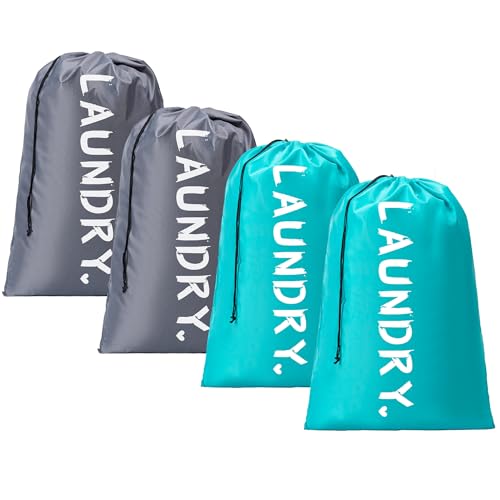 4 Pack XL Travel Laundry Bag, Machine Washable Dirty Clothes Organizer with Drawstring,Large Enough to Hold 4 Loads of Laundry, Easy Fit a Laundry Hamper or Basket Travel Essentials 24" x 36" - color: Blue+Grey, size: 24"x36" |4 Pack