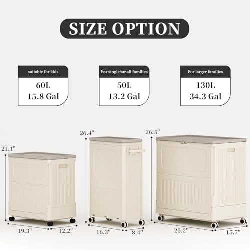 HAIXIN HOME Slim Rolling Laundry Hamper with Lid, 60L Foldable Plastic Laundry Basket on Wheels with Handle, Dirty Clothes Hamper Cart for Narrow Spaces, Bedroom, Bathroom, Closet, Dorm, Under Table - color: Milky, size: 60L - 1 Pack