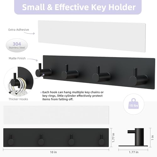 VIS'V Key Holder Wall Mount, Large Metal Self Adhesive Key Hanger with 4 Hooks, No Drilling, Extra Adhesive Strip, Black - color: Black