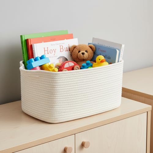 R RUNKA Cotton Rope Storage Basket 15"x10"x9" – Fabric Storage Bins for Organizing Clothes,Toys,Blankets – Durable Woven Storage Basket for Closet, Shelf & Living Room