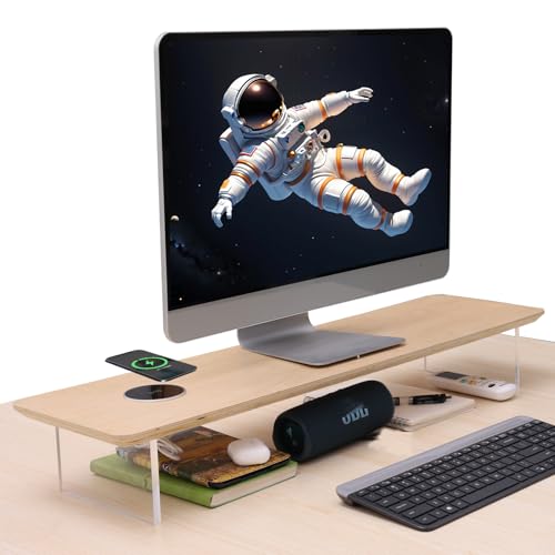 SUIBIAN White Monitor Stand Riser with Wireless Charging 31.5Inch Large, Computer Monitor Stand,Wooden Desktop Organizer Shelf for Office Desk Computer,Laptop,TV (White Oak) - color: White Oak