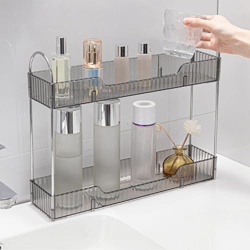 YCIA&DONE 2 Tiers Narrow Vanity Makeup Organizer, Bathroom Organizers Countertop Slim, Perfume Holder Skincare Storage Cosmetic Shelf Spice Rack, for Small Desktop Counter Space, Smoky Gray - color: Smoky Gray