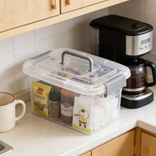 6-Pack Home Storage Bins, Plastic Container, Latching Box with Handle (Grey handle) - color: Grey handle