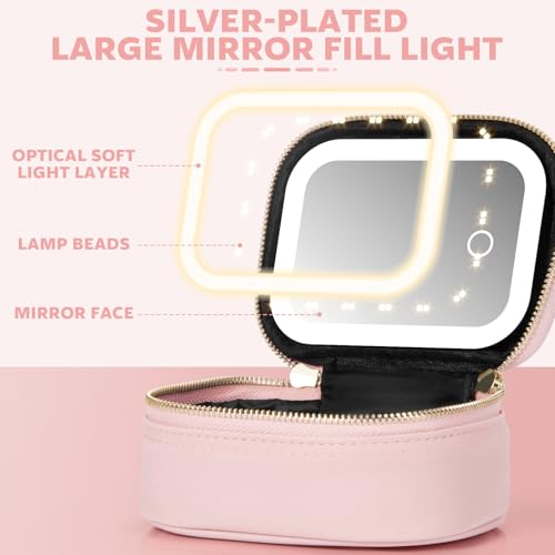 Mini Makeup Bag with Led Mirror, Small Travel Make up Bag 3 Light Modes Adjustable Brightness, for Women Organizer Cosmetic Bag, Portable Travel Train Toiletry Bag, for Pool Parties Work Touch-Ups - color: Pink